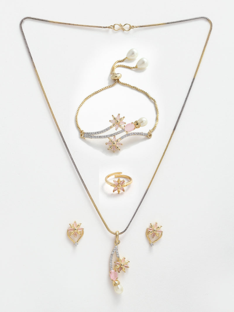 Gold Plated American Diamond, Pearl White Beads And Pink Crystal Necklace Set With Pendant, Earring And Ring