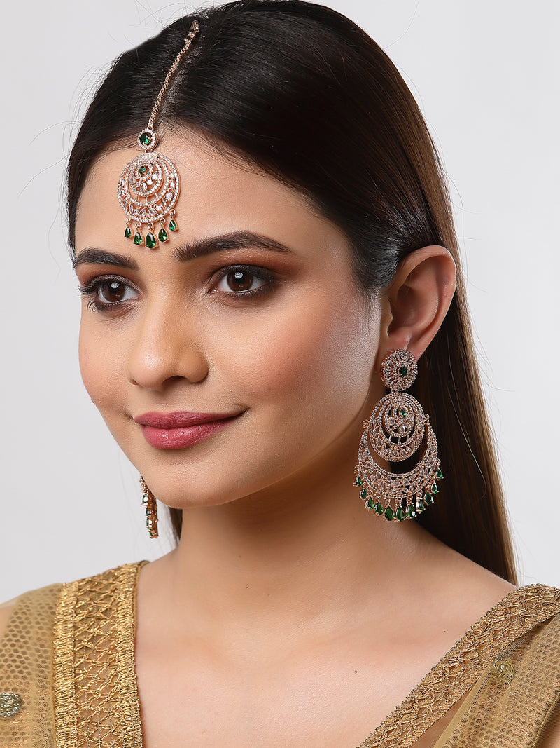 Rose Gold Plated American Diamond  Traditional Jewellery Studded Green Maang Tikka with Earring Set