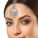 Rhodium Plated Silver Toned American Diamond  Maang Tikka with Elegant Dangling Stones