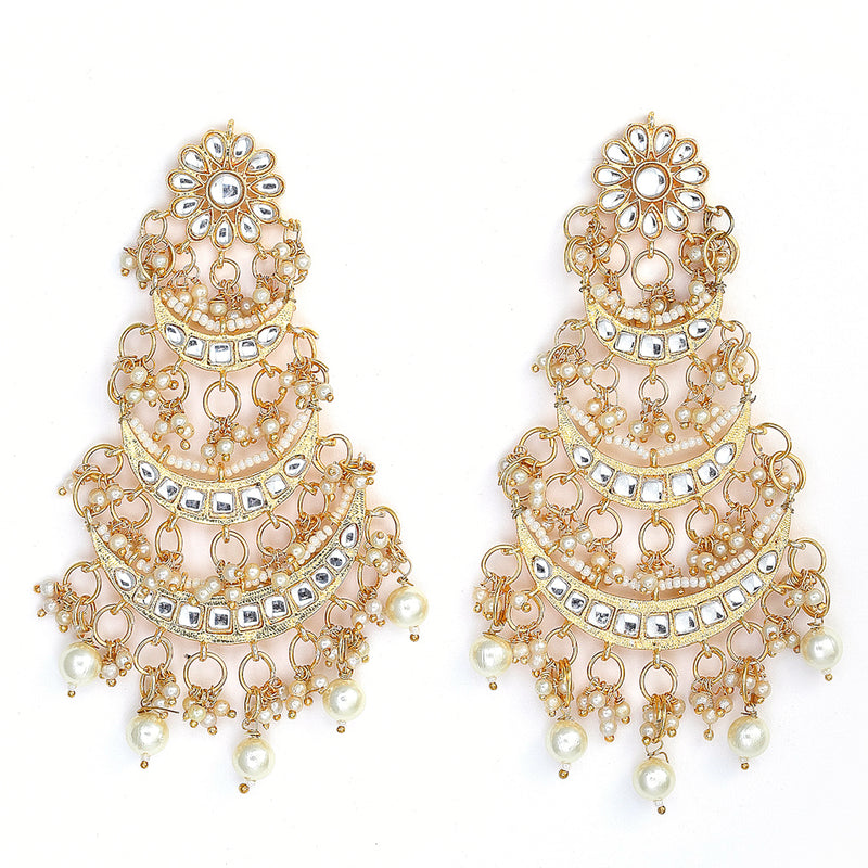 Gold-Plated Off White Kundan & Pearls Beaded Chandbalis Earrings