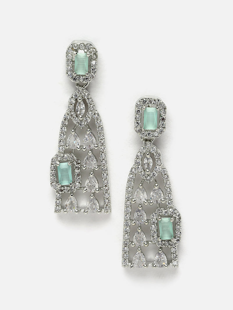 Rhodium-Plated Sea Green American Diamond studded Classic Drop Earrings