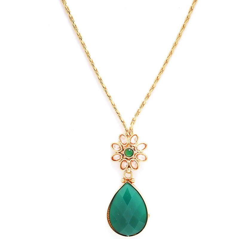 Gold-Plated Green & Off-White CZ-Studded Pendant With Chain