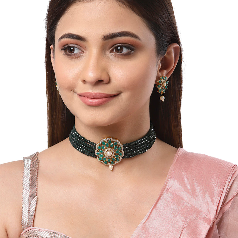 Antique Gold-Plated Green & White Beaded AD-Studded Jewellery Set