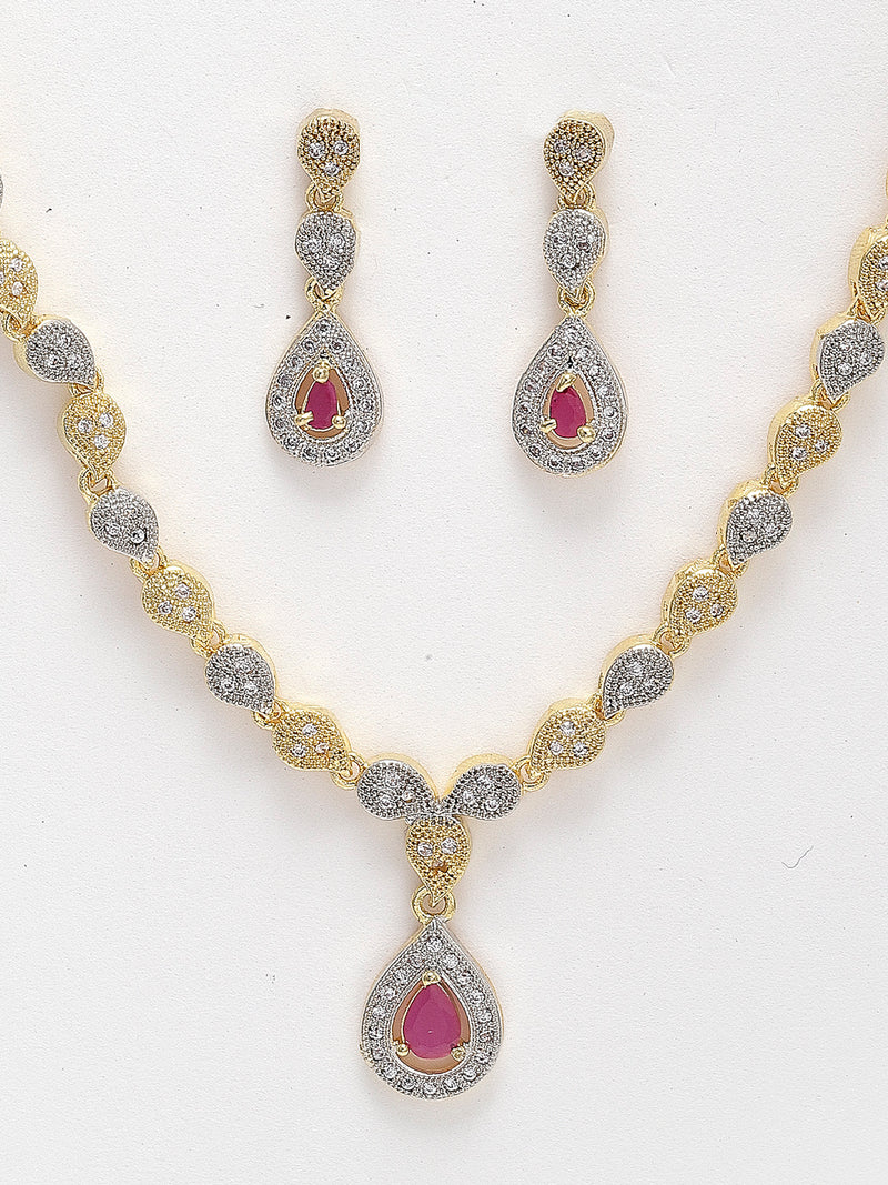 Gold-Plated White & Pink American Diamond Studded Jewellery Set