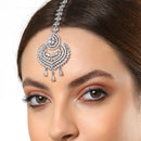 Rhodium Plated Silver Toned American Diamond  Maang Tikka with Elegant Dangling Stones