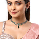 Rhodium-Plated with Oxidised Silver-Tone Green American Diamond-Studded & Pearl Beaded Jewellery Set
