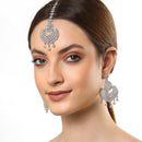 Rhodium-Plated Silver-Toned Teardrop Shaped White American Diamond-Studded Maang Tikka And Earrings Set
