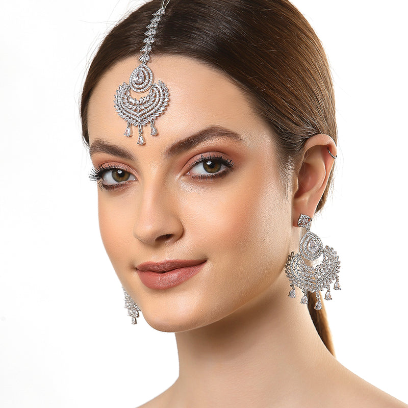 Rhodium-Plated with Silver-Toned Teardrop Shape White American Diamond-Studded Maang Tikka & Earrings Set