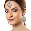 Rhodium-Plated Silver-Toned Teardrop Shaped White American Diamond-Studded Maang Tikka And Earrings Set