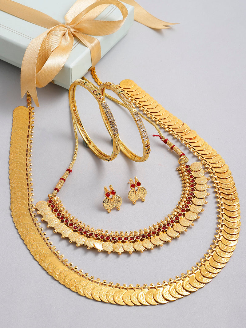 Gold-Plated Red & White Stone-Studded Temple Jewellery Set