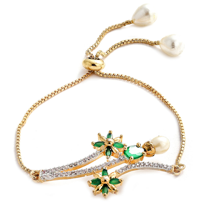 Gold Plated American Diamond And Emerald Green Crystal Necklace Set With Pendant, Earring And Ring