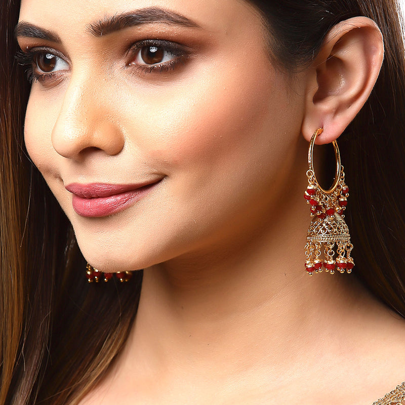 Red & Gold-Toned Copper Cubic Zirconia Dome Shaped Jhumkas Earrings