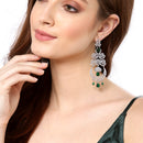 Green & White Rhodium-Plated with Silver-Tone American Diamond Chandelier Earrings