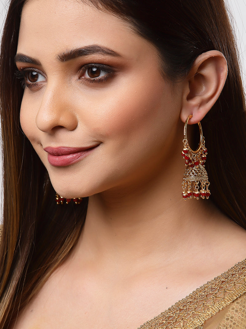 Red & Gold-Toned Copper Cubic Zirconia Dome Shaped Jhumkas Earrings