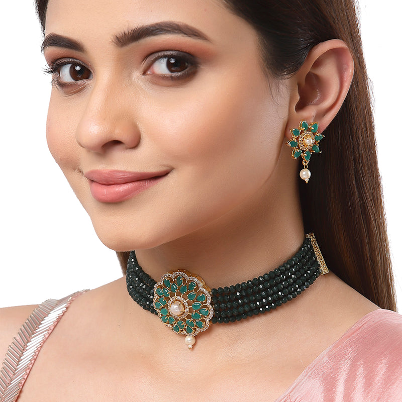 Antique Gold-Plated Green & White Beaded AD-Studded Jewellery Set
