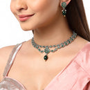 Rhodium-Plated with Oxidised Silver-Tone Green American Diamond-Studded & Pearl Beaded Jewellery Set