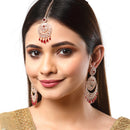 Rose Gold Plated Red AD Pearl Bead Drops Ethnic Maang Tikka & Earring