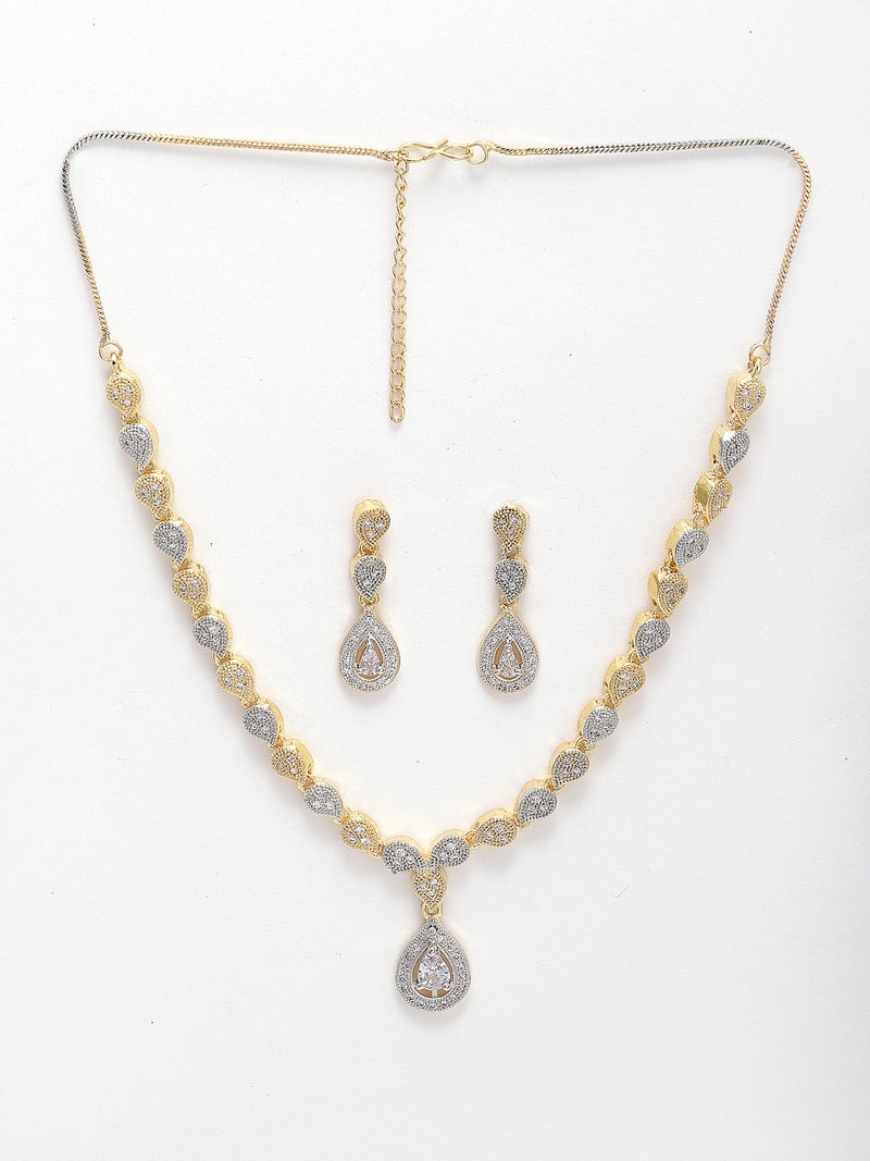 Zeneme Fascinating Gold Tone Necklace Set & Earring Adorned with American Diamond Jewellery for Women and Girl