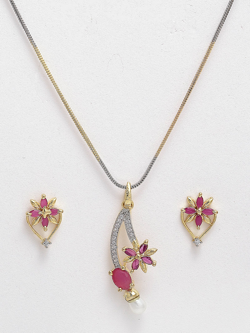 Flower and Leaf Shape Gold-Plated White & Pink Cubic Zirconia Stone-Studded Pendant Jewellery Set Combo