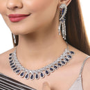 Rhodium-Plated with Silver-Tone Navy Blue American Diamond Studded Crescent Design Jewellery Set
