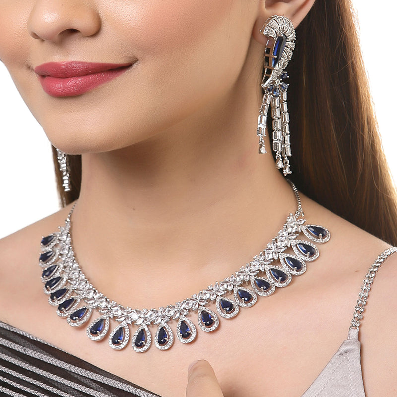 Rhodium-Plated with Silver-Tone Navy Blue American Diamond Studded Crescent Design Jewellery Set