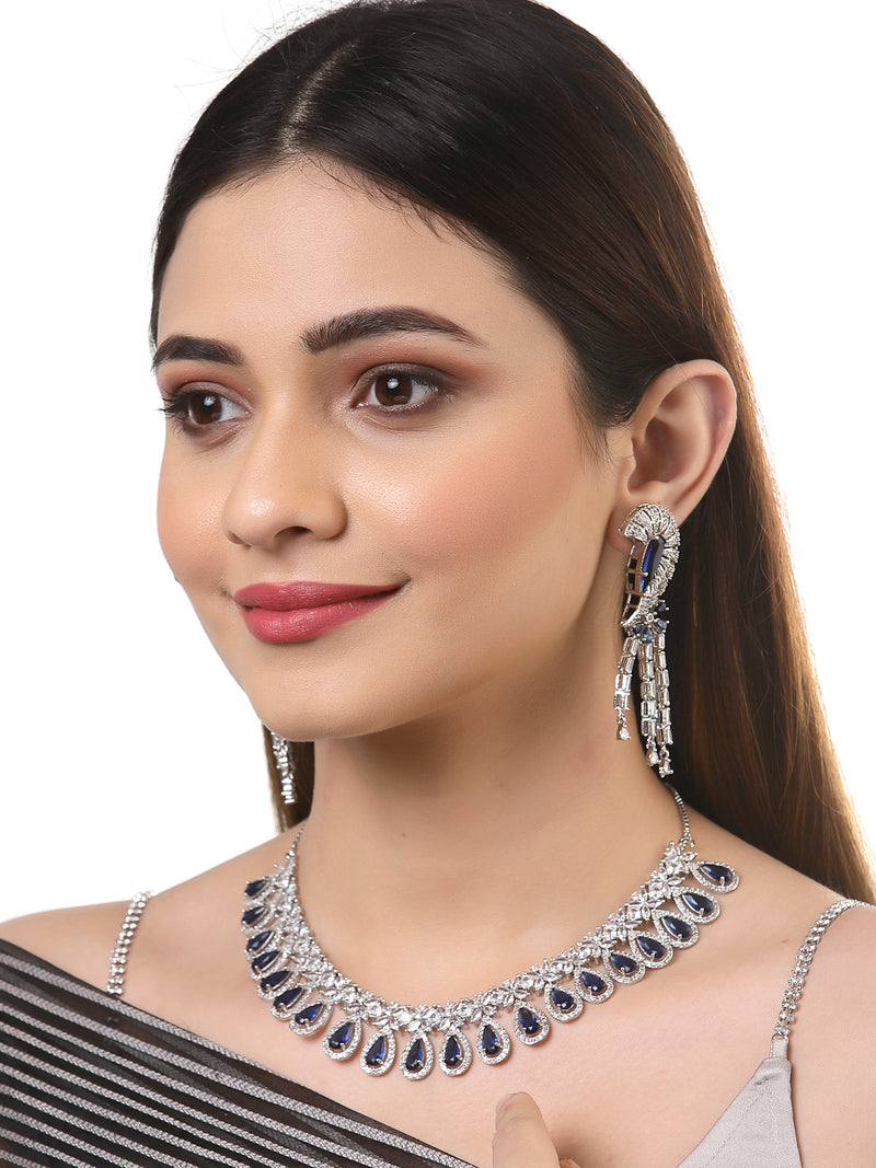 Rhodium-Plated with Silver-Tone Navy Blue American Diamond Studded Crescent Design Jewellery Set