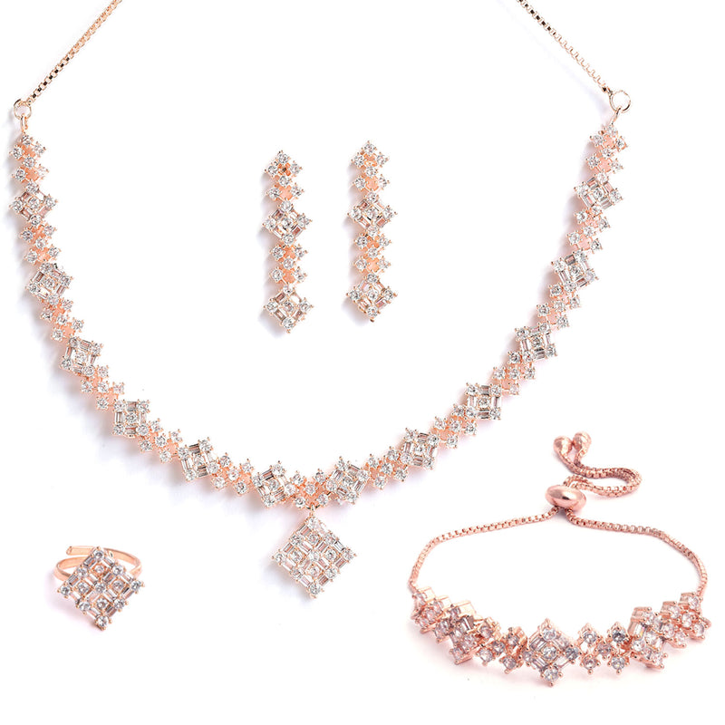 Square Shaped Rose Gold-Plated White American Diamond Studded Jewellery Set Combo