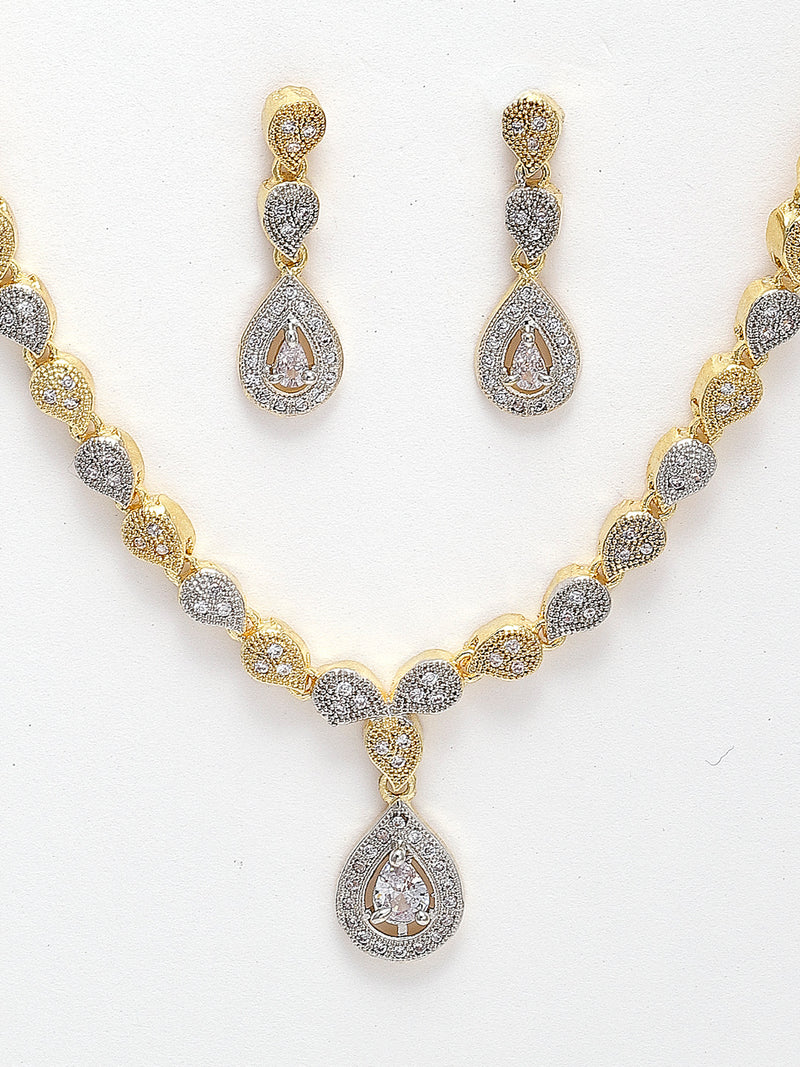 Zeneme Fascinating Gold Tone Necklace Set & Earring Adorned with American Diamond Jewellery for Women and Girl