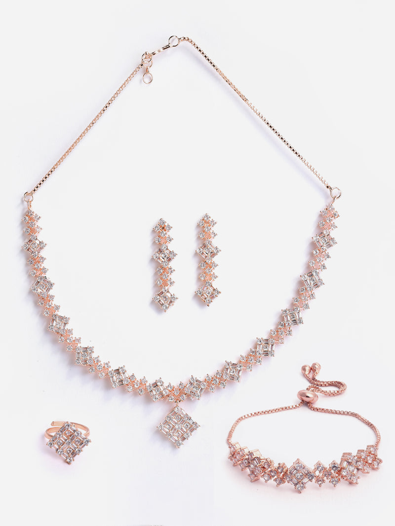 Square Shaped Rose Gold-Plated White American Diamond Studded Jewellery Set Combo