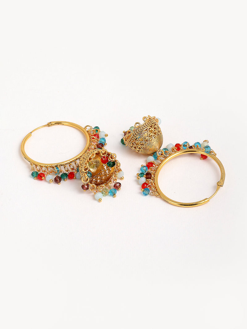 Multicoloured Dome Shaped Jhumkas Earrings with Gold-Plated Copper