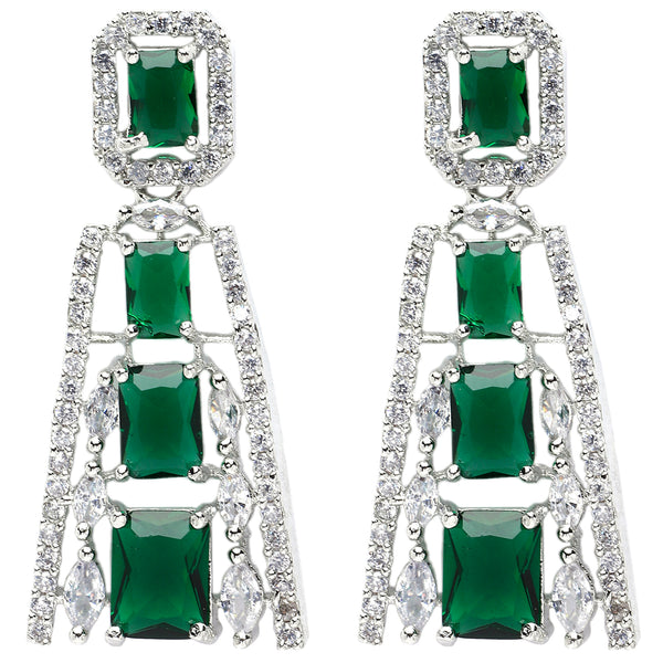 Rhodium-Plated Green American Diamond studded Contemporary Drop Earrings