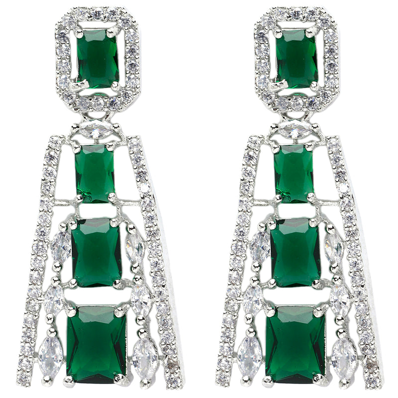 Rhodium-Plated Green American Diamond studded Contemporary Drop Earrings