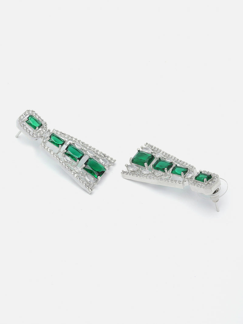 Rhodium-Plated Green American Diamond studded Contemporary Drop Earrings