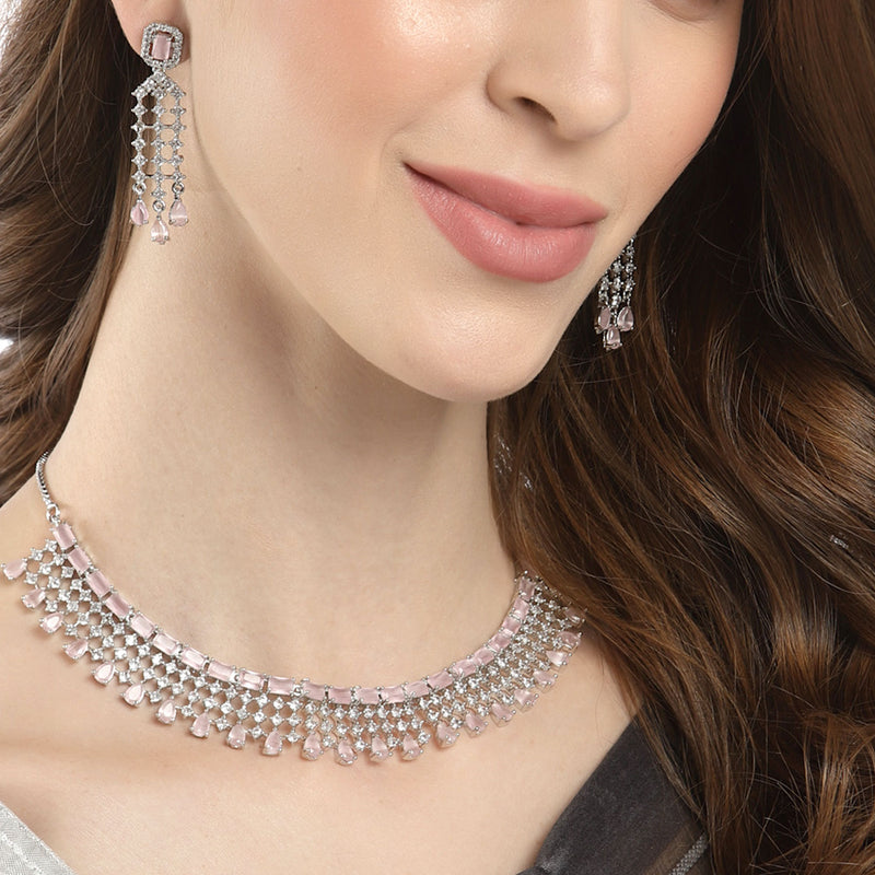 Rhodium-Plated with Silver-Tone Pink & White American Diamond Studded Jewellery Set