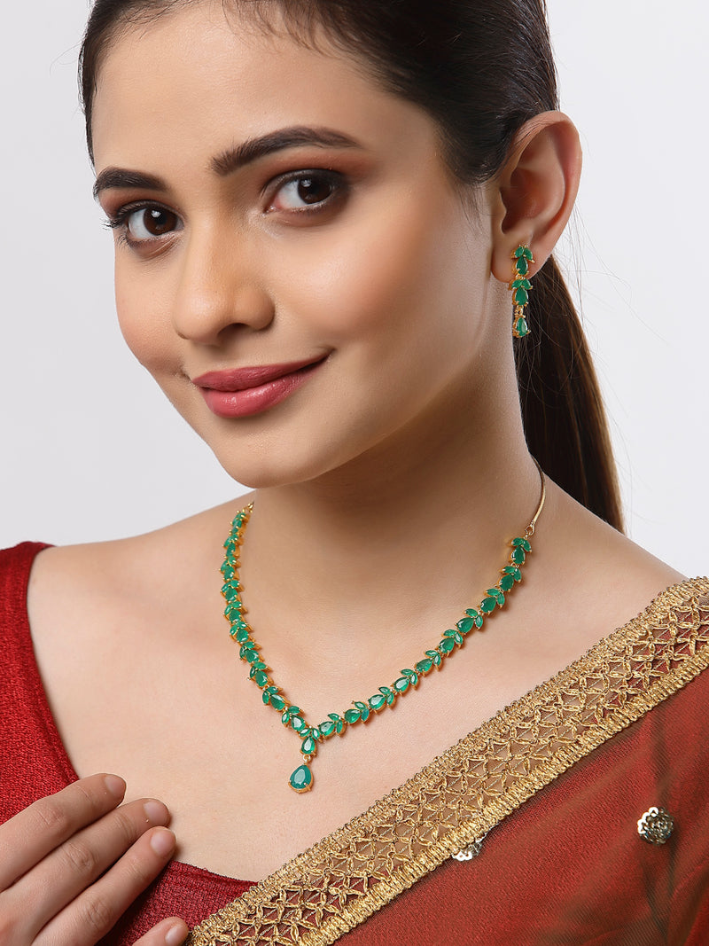 Gold-Plated Leaf Design Green American Diamond-Studded Jewellery Set