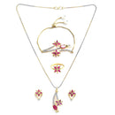 Flower and Leaf Shape Gold-Plated White & Pink Cubic Zirconia Stone-Studded Pendant Jewellery Set Combo