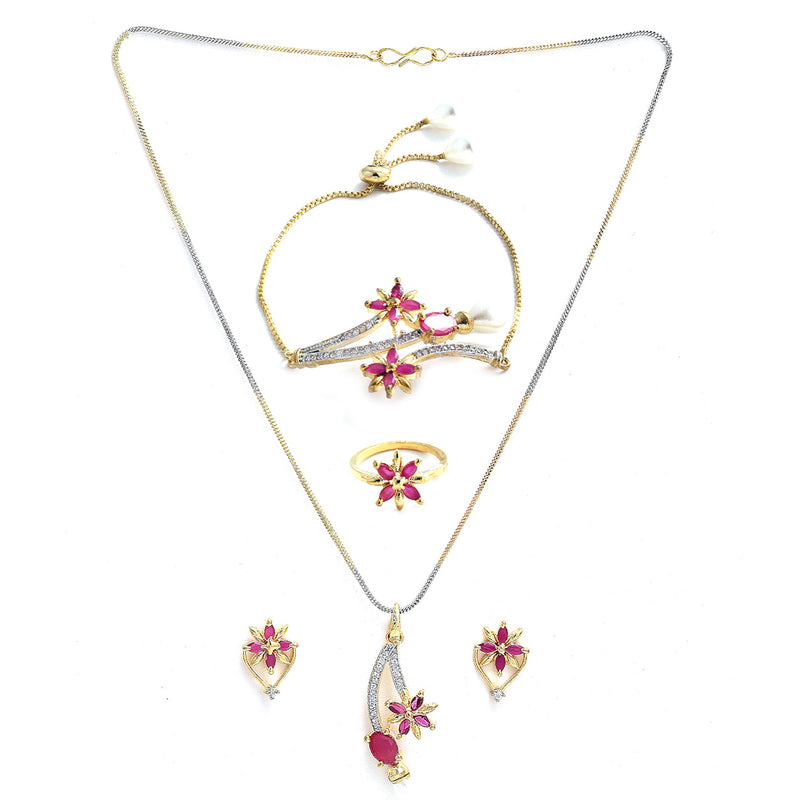 Flower and Leaf Shape Gold-Plated White & Pink Cubic Zirconia Stone-Studded Pendant Jewellery Set Combo