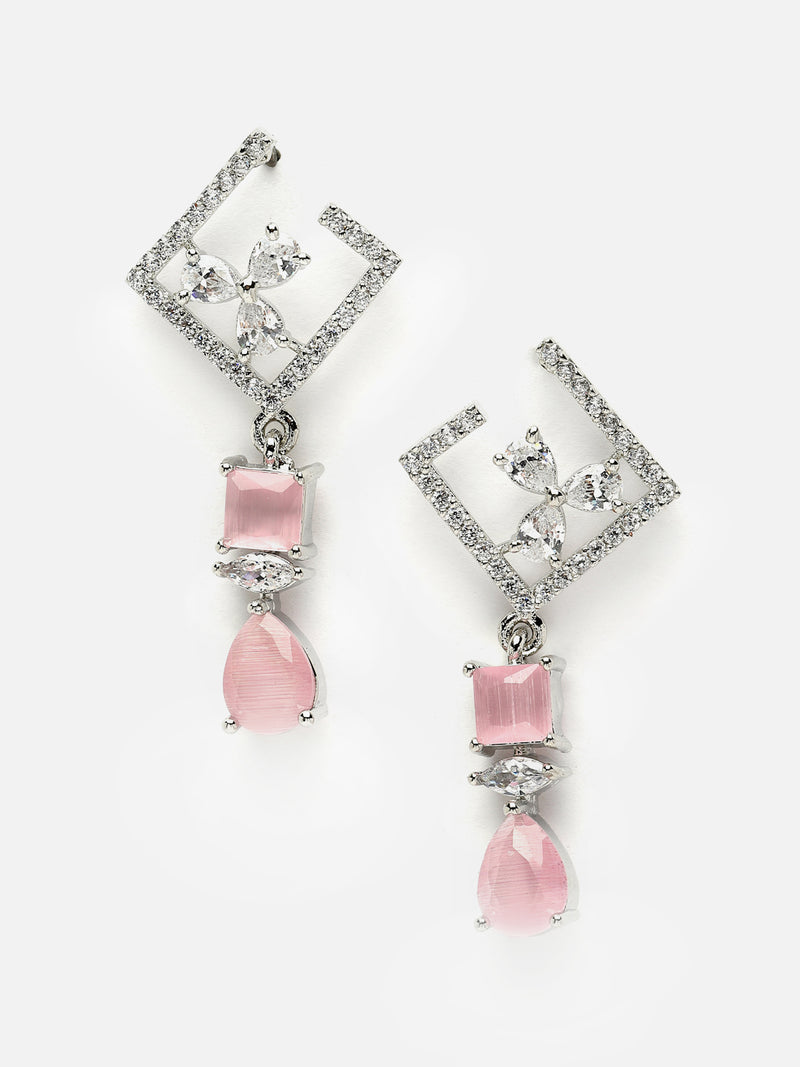 Rhodium-Plated Pink & White American Diamond studded Square & Teardrop Shaped Contemporary Drop Earrings