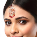 Traditional Rose Gold Plated Red American Diamond Studded Chandelier Maangtikka