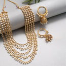 Gold-Plated White Pearl Drop 5 Layered Necklace with Hoop Jhumka Earrings