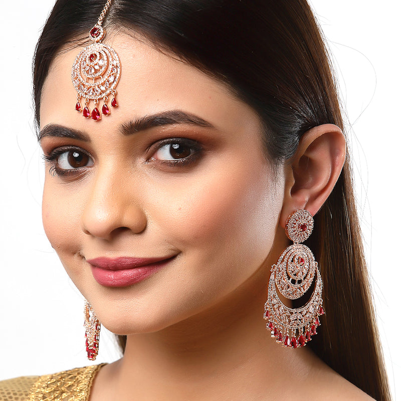 Rose Gold-Plated Round Red American Diamond Studded Chandbali  Maang Tikka & Earrings Set