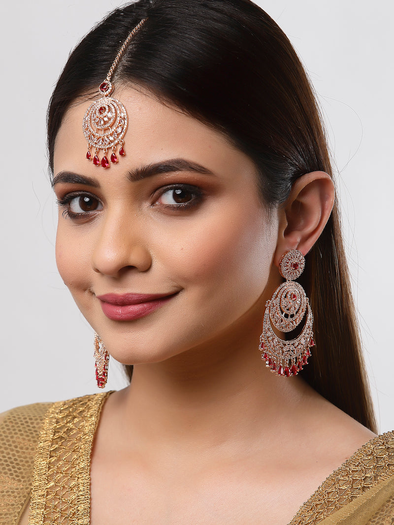 Rose Gold-Plated Round Red American Diamond-Studded Maang Tikka & Earrings Set