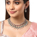 Rhodium-Plated with Oxidised Silver-Tone Red Green and White Kundan Studded Jewellery Set
