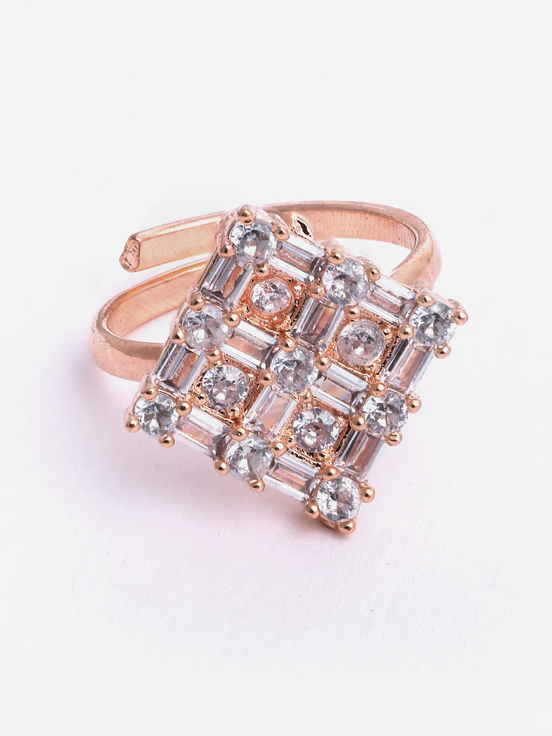 Square Shaped Rose Gold-Plated White American Diamond Studded Jewellery Set Combo