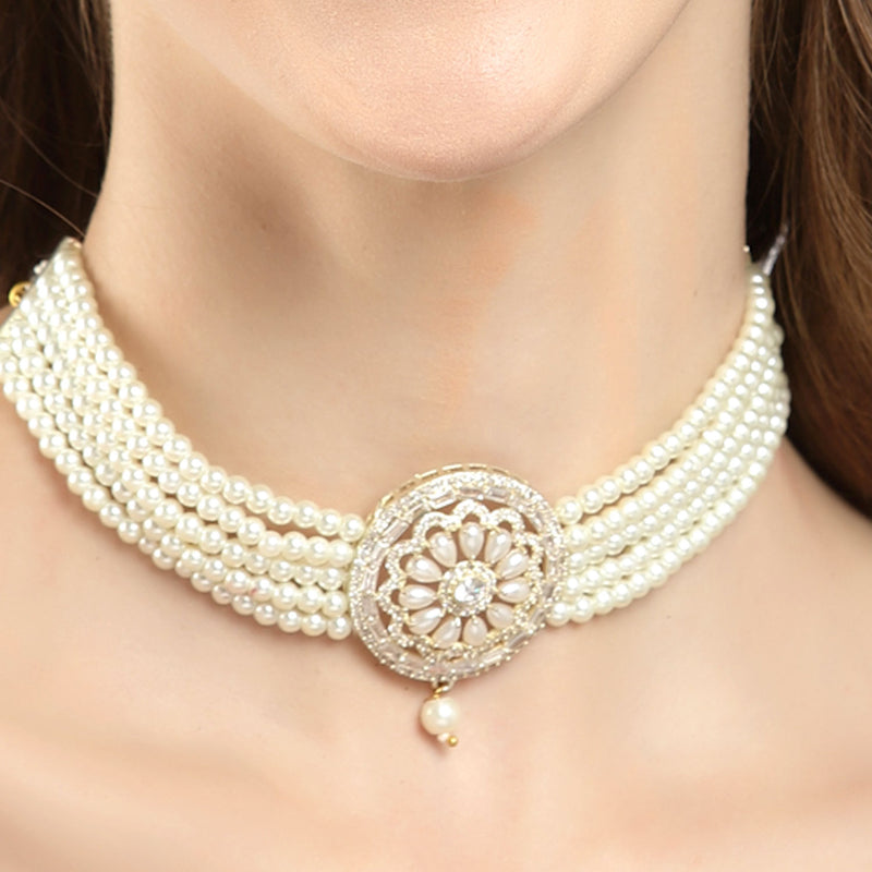 Rhodium-Plated with Silver-Tone White Stone-Studded Pearl-Beaded Jewellery Set