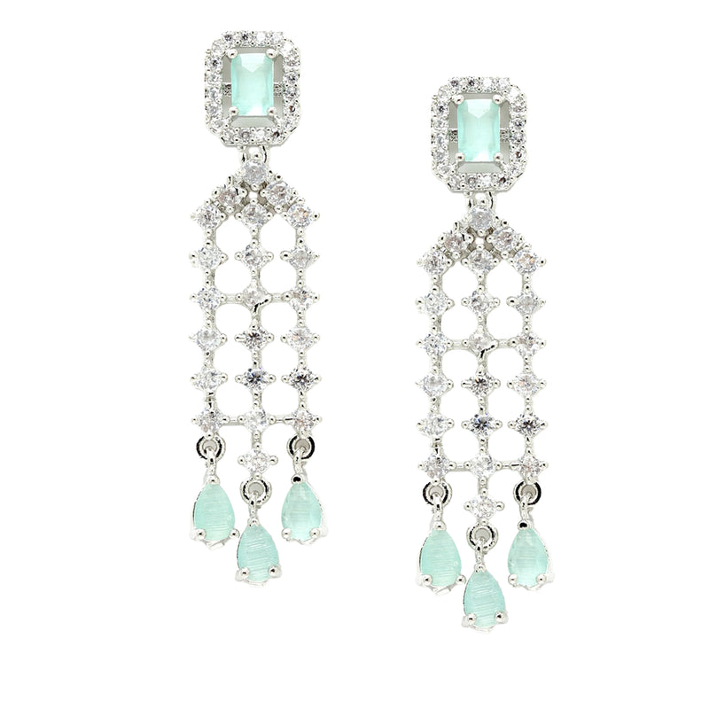Rhodium-Plated with Silver-Tone Sea Green American Diamonds-Studded Handcrafted Jewellery Set