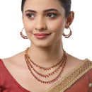 Gold-Plated Red Pearl Drop Intricate Layered Necklace with Hoop Earrings Set