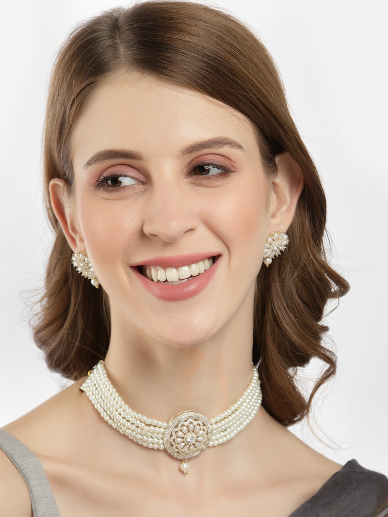 Rhodium-Plated with Silver-Tone White Stone-Studded Pearl-Beaded Jewellery Set