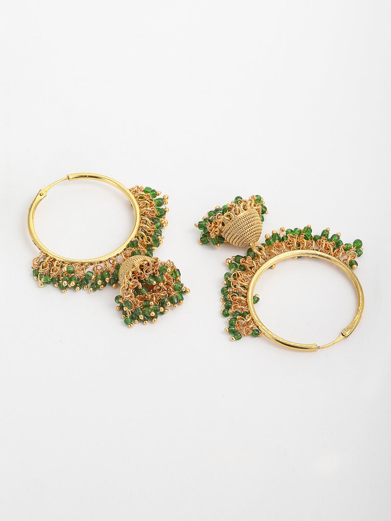Green Dome Shaped Jhumkas Earrings with Gold-Toned Copper