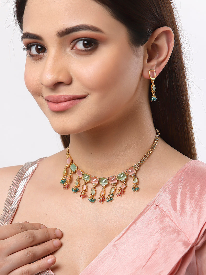 Gold-Plated Green, Pink and Sea Green Copper Filigree Necklace Jewellery Set